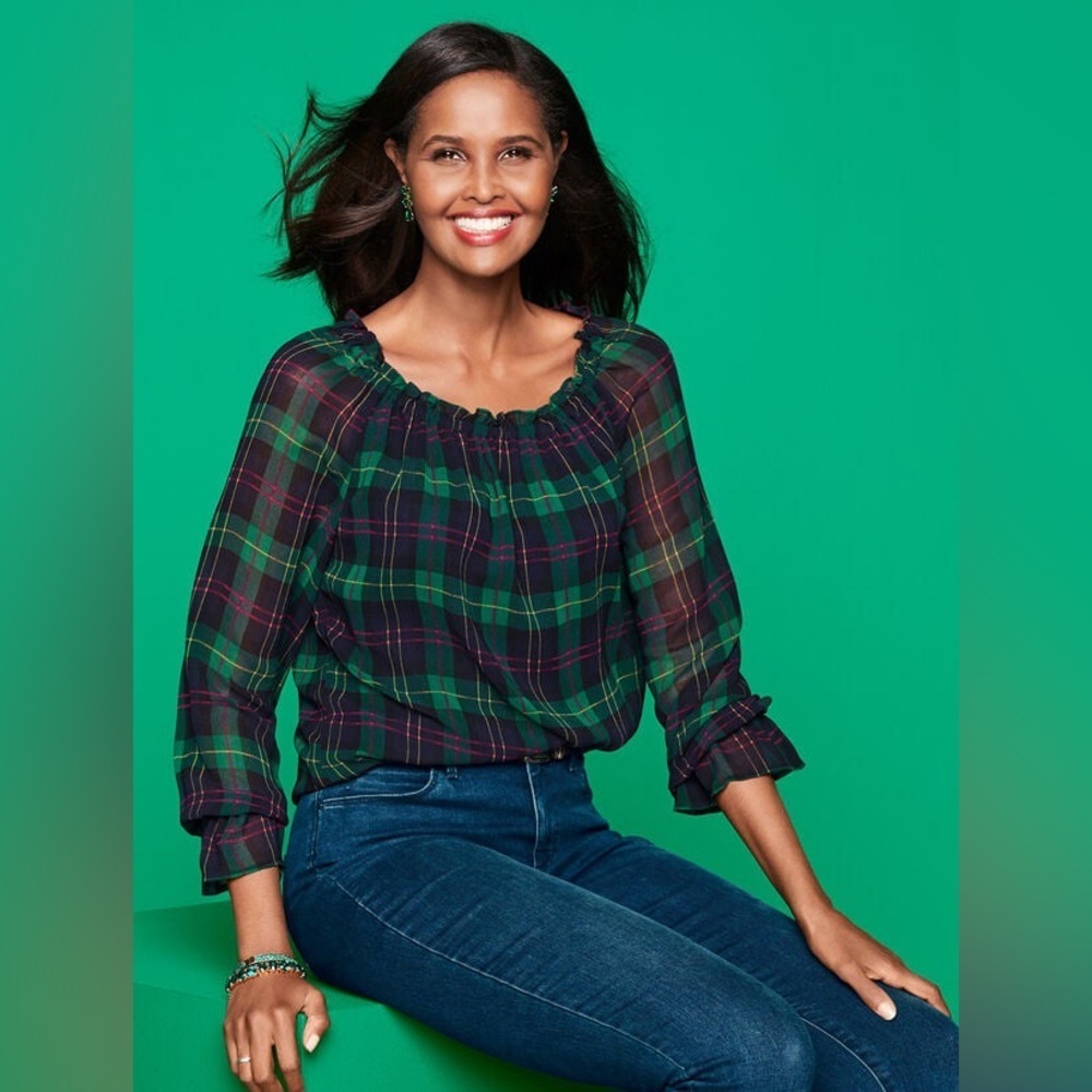 Talbots Tartan Plaid Bell Sleeve Top Women L Blouse Navy Green Ruffle Poet Sleev - Picture 3 of 13
